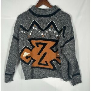 Vintage Womens Y2K Chunky Knit Crop Sweater Size L Wool Blend 90s Geo Boho Aztec